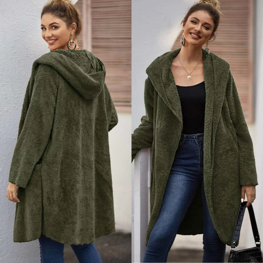 Gray Hooded long teddy coat jacket faux fur soft - Picture 4 of 6